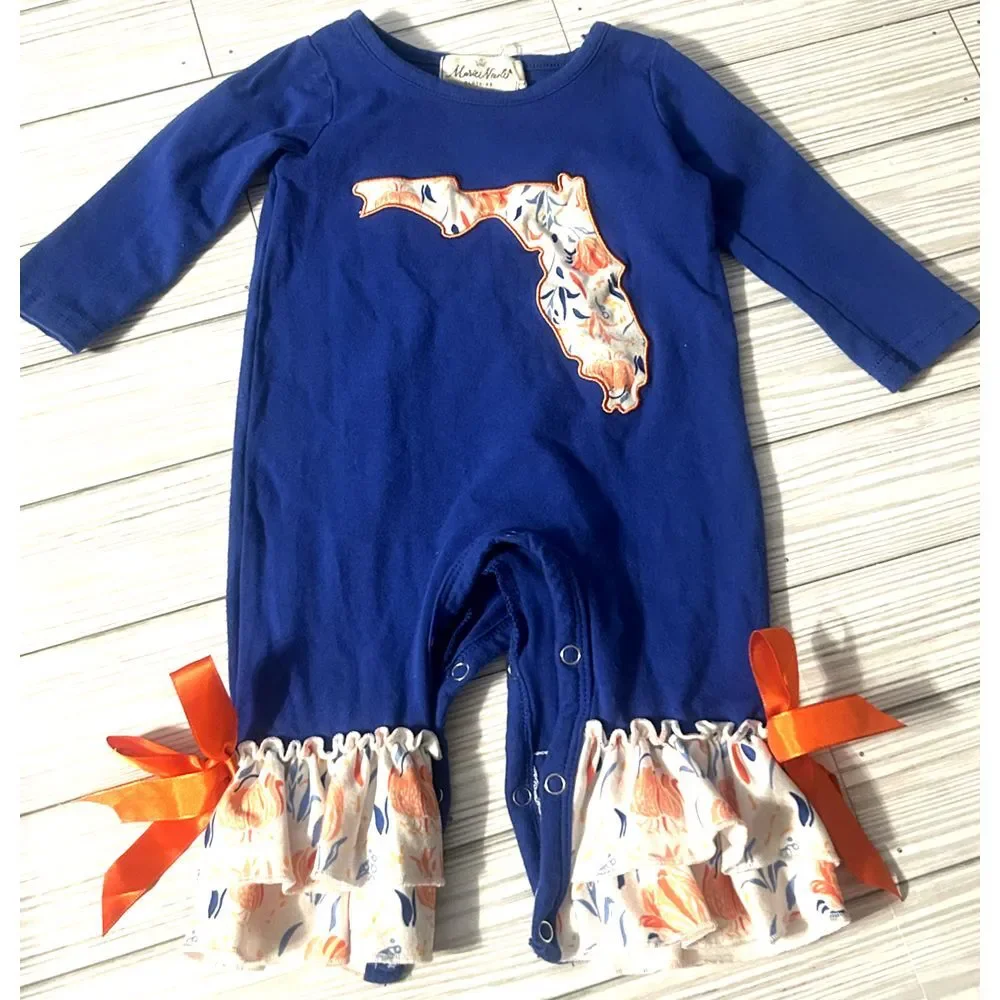 marie nicole clothing ruffle romper Florida floral orange blue Gators 3-6 months